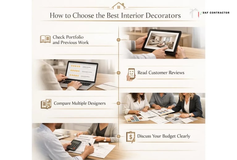 Guide on how to choose interior decorators including checking portfolios, reading reviews, and budget planning.