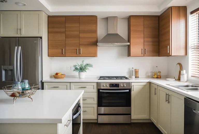 These engineered wood waterproof kitchen cabinets also add to the aesthetics