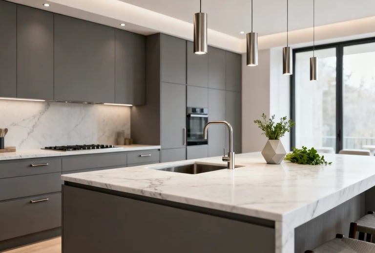 Modern gray kitchen featuring marble countertops, a large island with sink, and sleek pendant lighting.