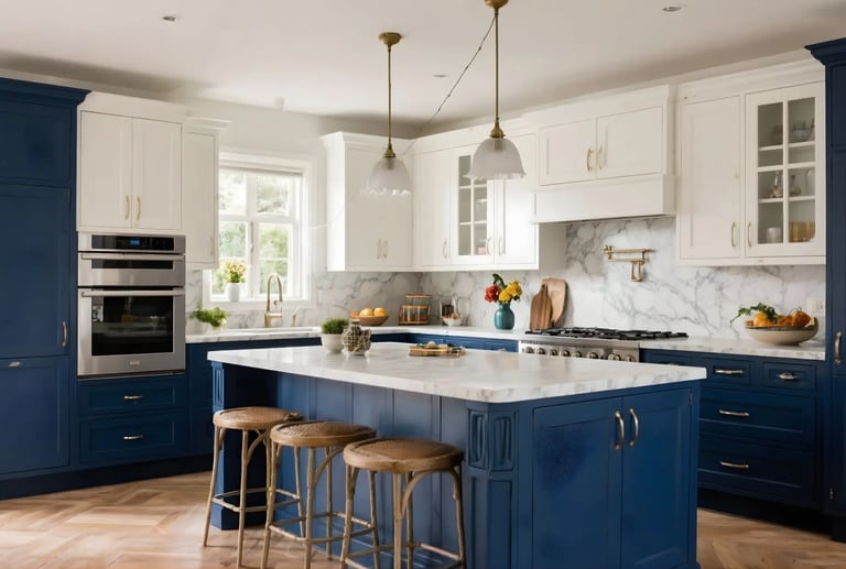 Navy Blue & Crisp White colors in kitchen