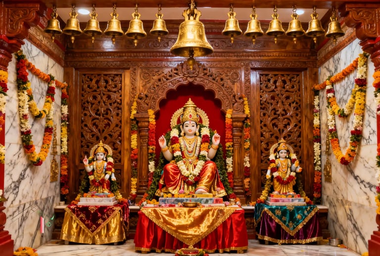 Ornate Hindu temple interior featuring golden deity statues, floral garlands, and hanging brass bells.