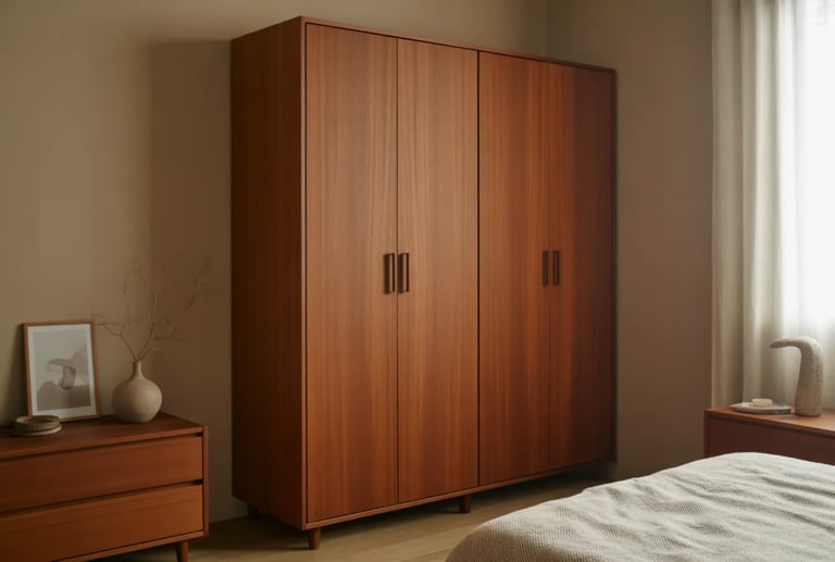 Teak wood wardrobe finish for a mellow aesthetic