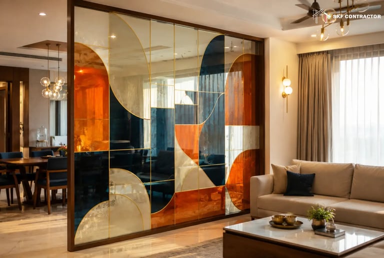Modern living room featuring a decorative stained glass partition with abstract geometric patterns.