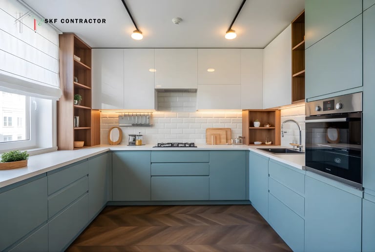 A dusty blue & white kitchen that highlights a laminate finish