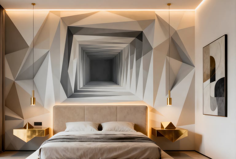 Modern bedroom with 3D geometric wallpaper, gold pendant lights, and luxury minimalist interior design.