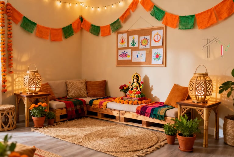 Navratri home decoration with Lakshmi statue, marigold garlands, and glowing bamboo lanterns.