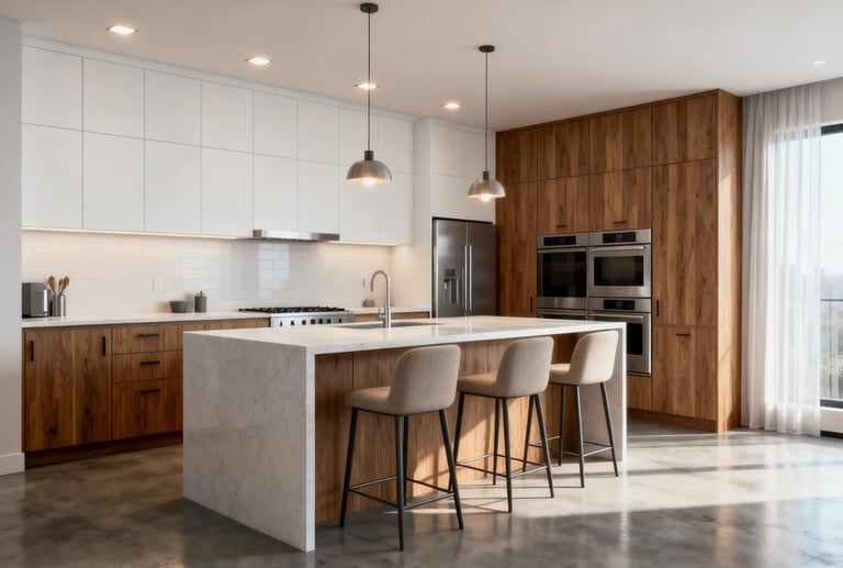 Modern luxury kitchen featuring white marble island, wood cabinets, and stainless steel appliances.