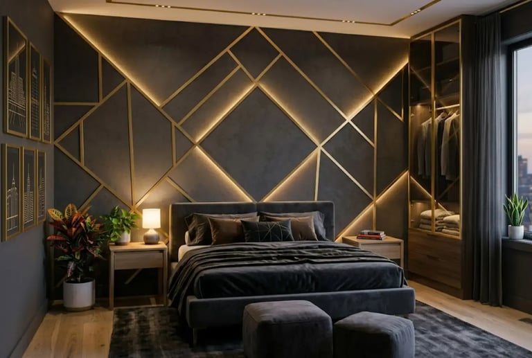 Modern luxury bedroom with geometric gold wall accents, ambient LED lighting, and a dark grey velvet bed.