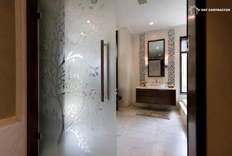 Modern bathroom design featuring a frosted glass door with tree etching and a floating vanity.
