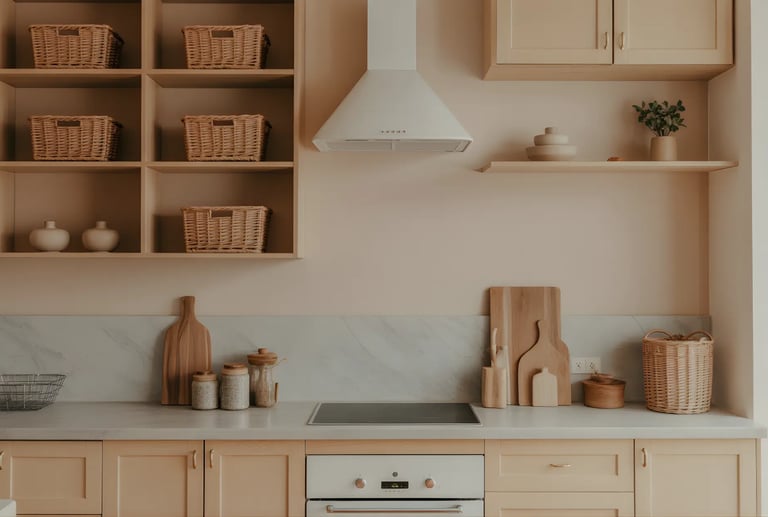 Wicker basket drawer right below the countertop