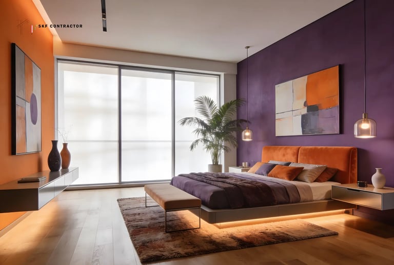Modern luxury bedroom interior with purple walls, an orange velvet bed, and contemporary pendant lighting.