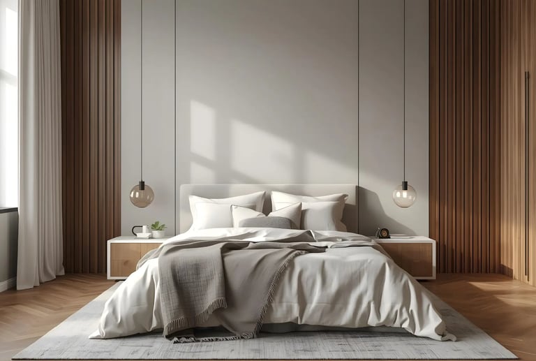 Bedroom wall colors blending soft grays with warm wood textures for calm interiors