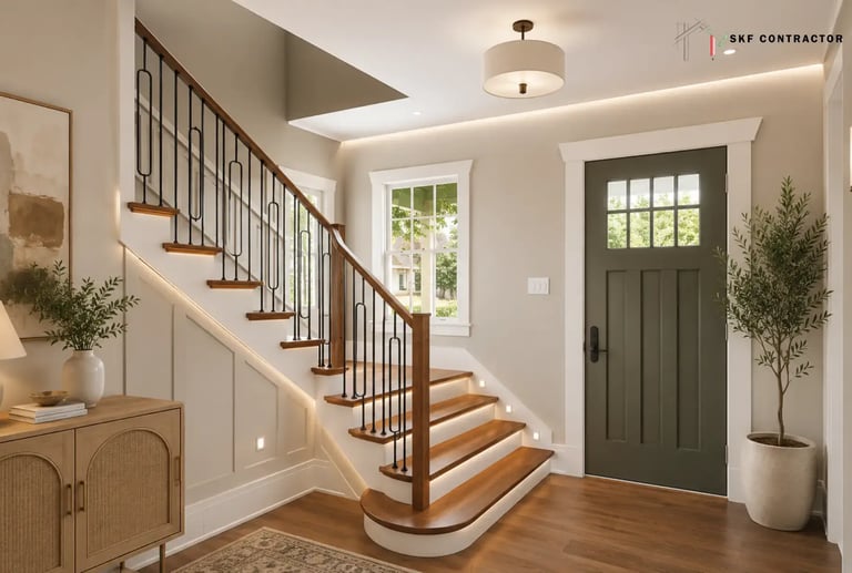 Modern home entryway featuring a wooden staircase with LED tread lighting and a green front door.