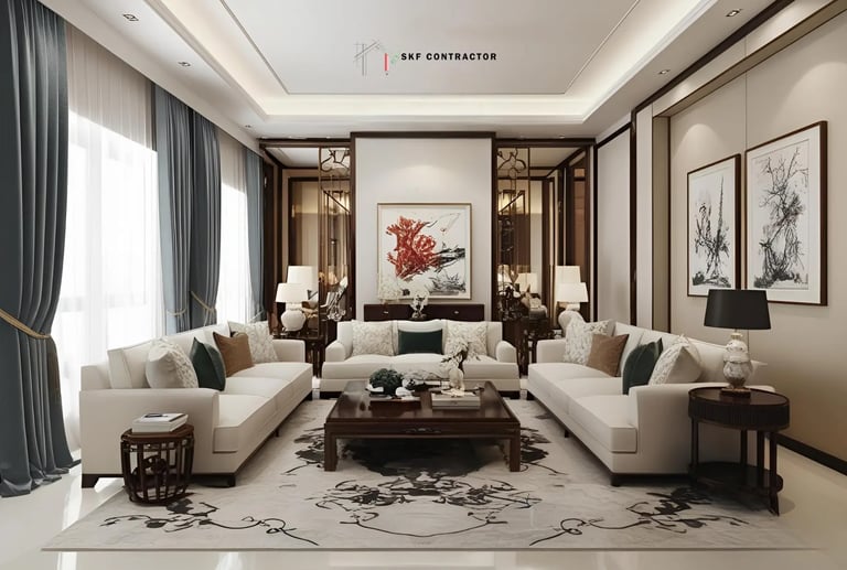 Luxury living room interior design with modern white sofas, abstract art, and elegant cove lighting.