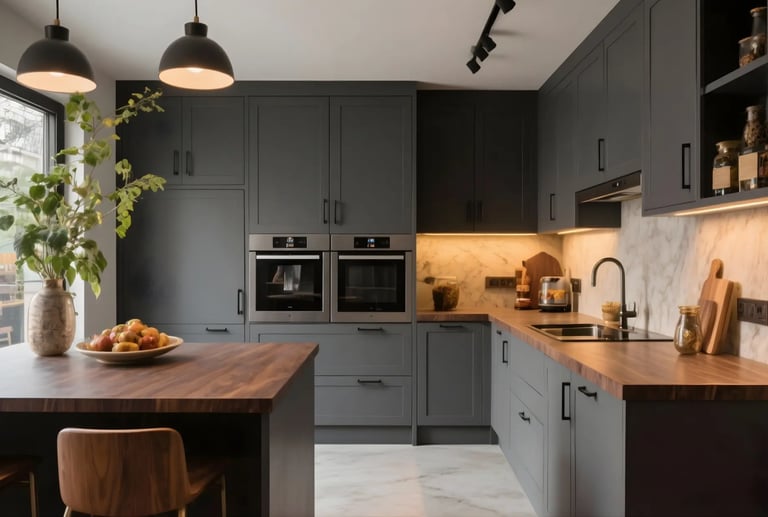 Charcoal Grey & Walnut Brown colors in kitchen