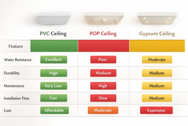 Diffrence in PVC Ceiling & POP & Gypsum Ceiling