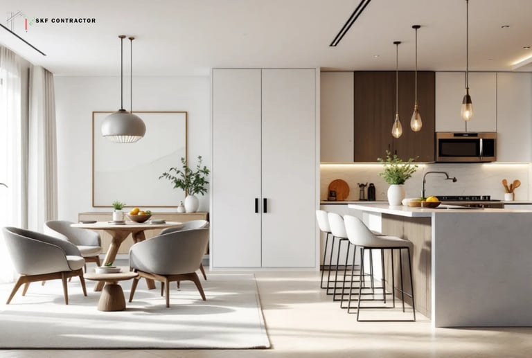 Modern open plan kitchen and dining area featuring minimalist white cabinets and elegant pendant lighting.