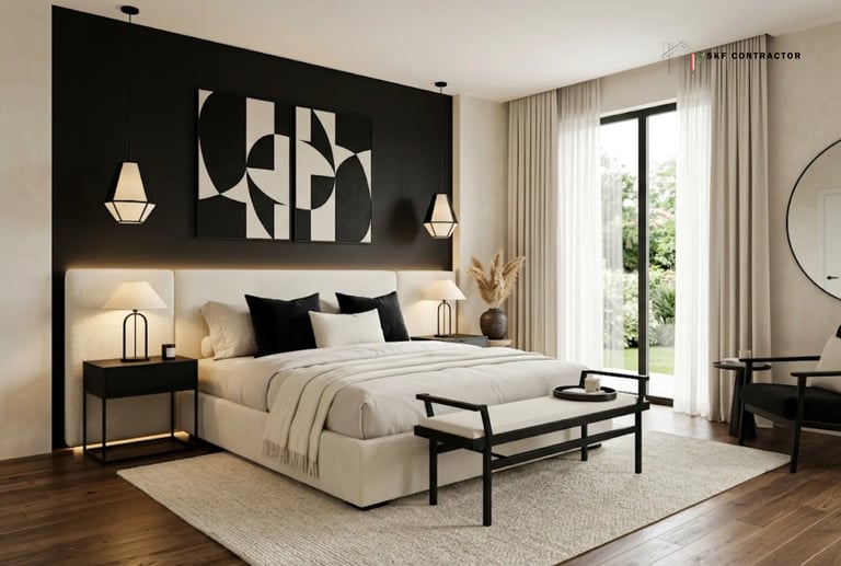 Modern master bedroom with black accent wall, white upholstered bed, and minimalist interior design.