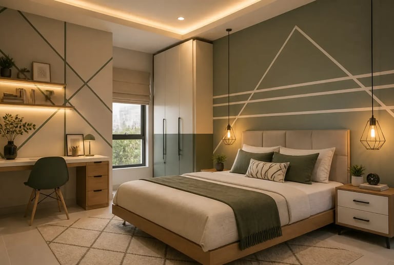 Modern bedroom with sage green accent wall, geometric wall art, wooden desk, and warm pendant lighting.
