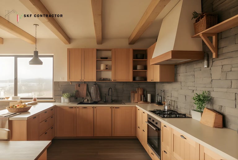 A modern rustic kitchen with warm textures