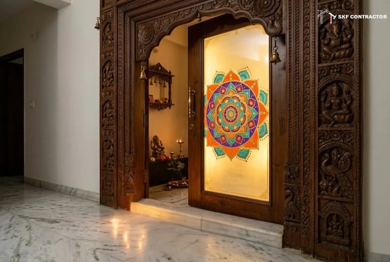 Carved wooden temple door with a colorful mandala glass panel leading into a traditional Hindu puja room.