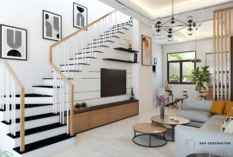 Modern living room interior with a black marble staircase and wall-mounted TV cabinet.