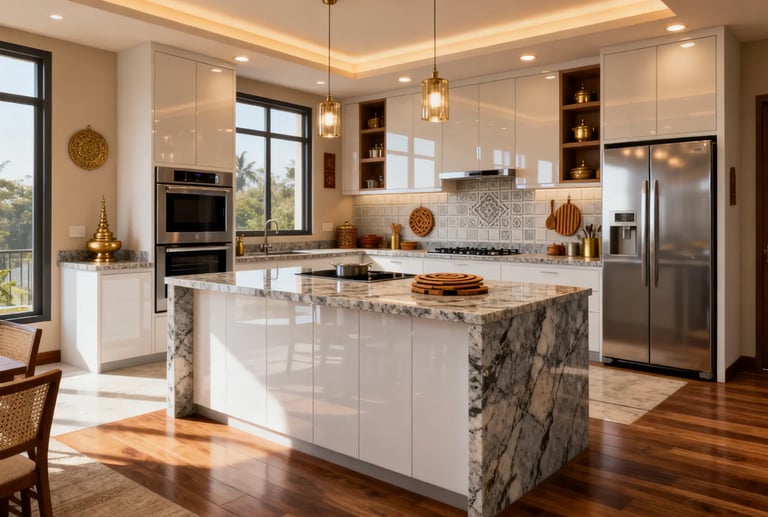 Modern luxury kitchen featuring a marble island, white cabinets, and stainless steel appliances.