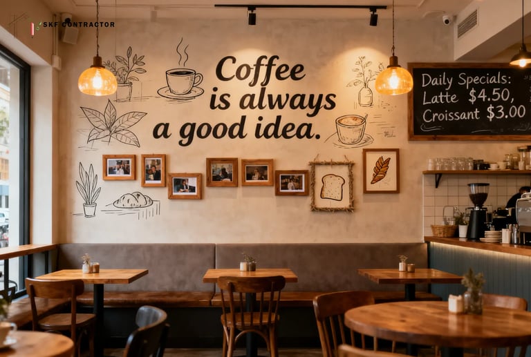 local art, handwritten menu boards, or small frames for cafe Interior
