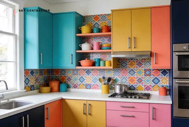 A colourful kitchen showcasing bold shades & patterns can be a harmonious partnership