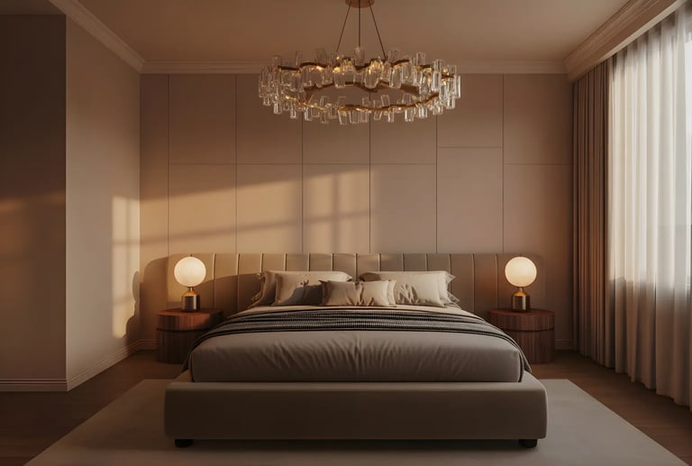A statement chandelier combines bold design with warm, diffused brightness.