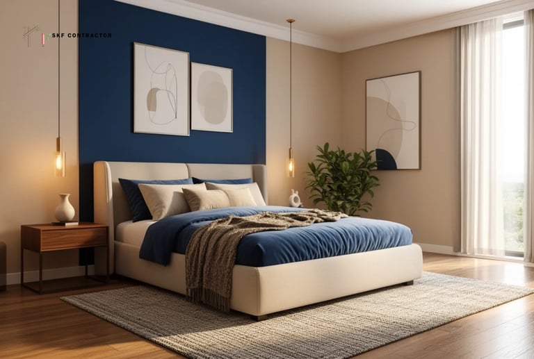 Modern bedroom interior with a blue accent wall, cream upholstered bed, and minimalist pendant lighting.