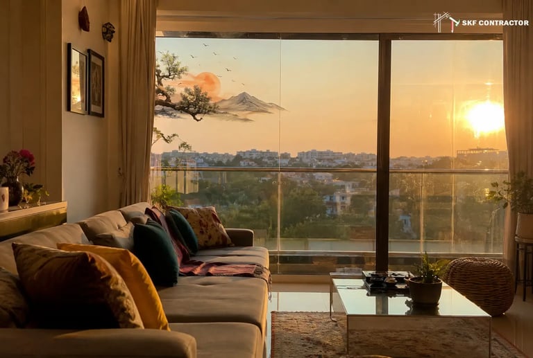Modern living room interior with a cozy sofa and a panoramic sunset view over the city skyline.