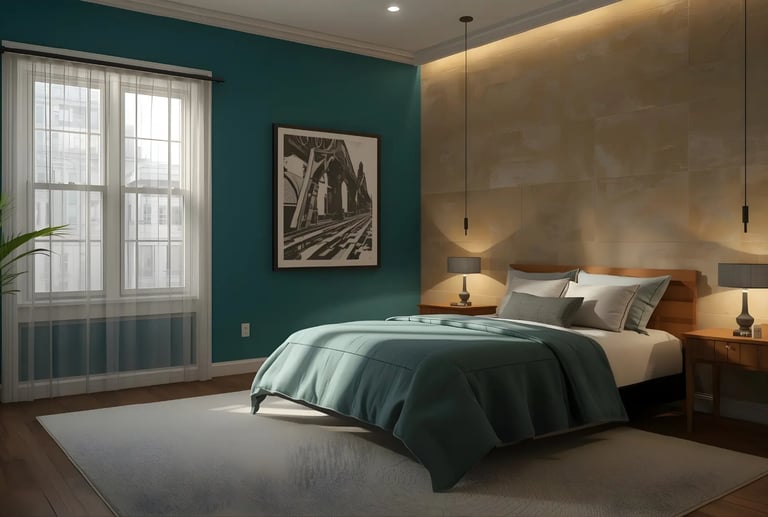 Best colour combination for bedroom featuring teal walls and warm stone