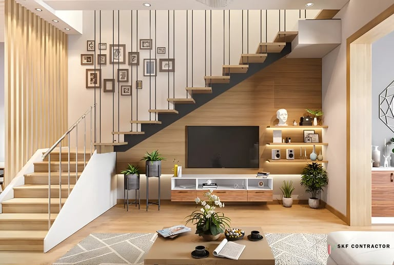 Modern living room with floating stairs, a wooden feature wall, and integrated media console.