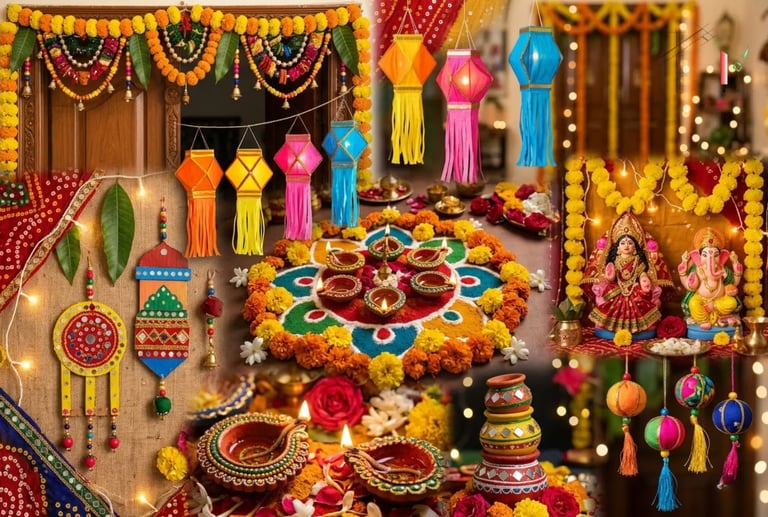 Navratri festival decorations featuring colorful rangoli, burning diya lamps, marigold garlands.