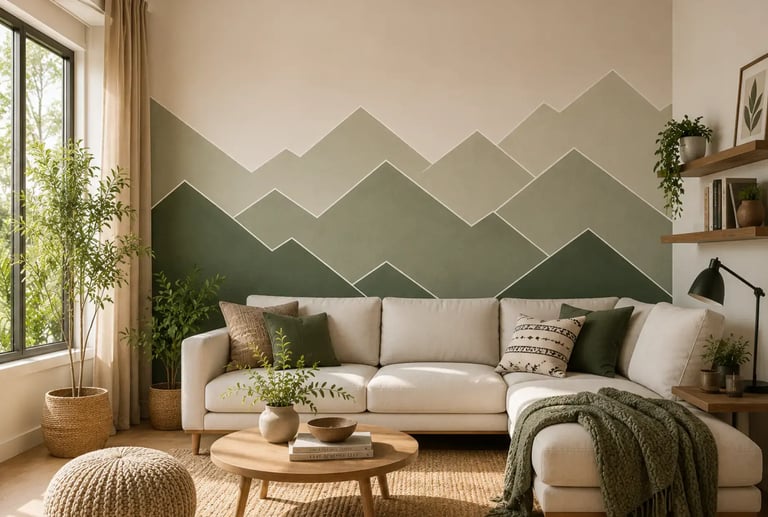 Modern living room with a green mountain peak mural behind a white sectional sofa and wooden coffee table.