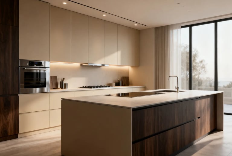 Modern luxury kitchen with beige minimalist cabinets, dark wood island, and integrated stainless steel appliances.