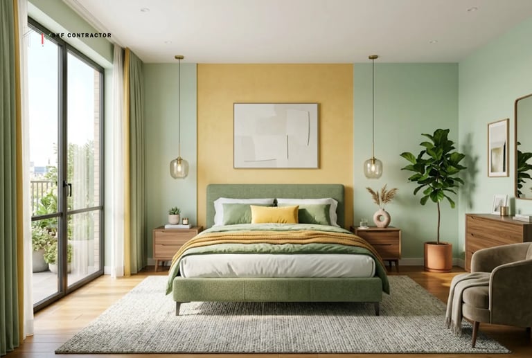 Modern sage green and yellow bedroom interior with a minimalist bed, hanging pendant lights, and large balcony doors.