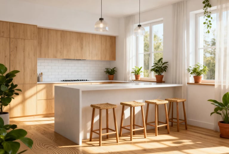 Modern minimalist kitchen featuring light wood cabinets, white quartz island, and woven bar stools with natural sunlight.
