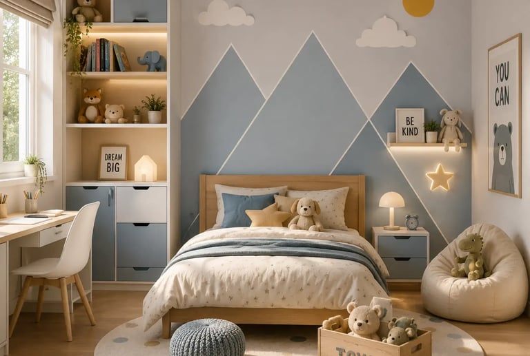Modern mountain themed kids bedroom with blue accent wall, wooden bed, and cozy reading nook.