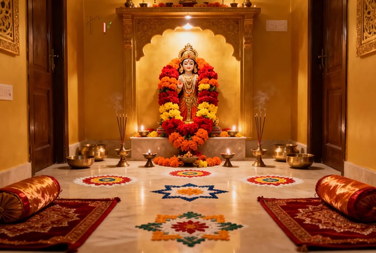 Hindu puja room featuring a decorated deity statue with flower garlands, oil lamps, and rangoli patterns.