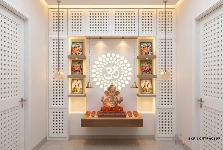 A wooden puja unit with open shelves on either side