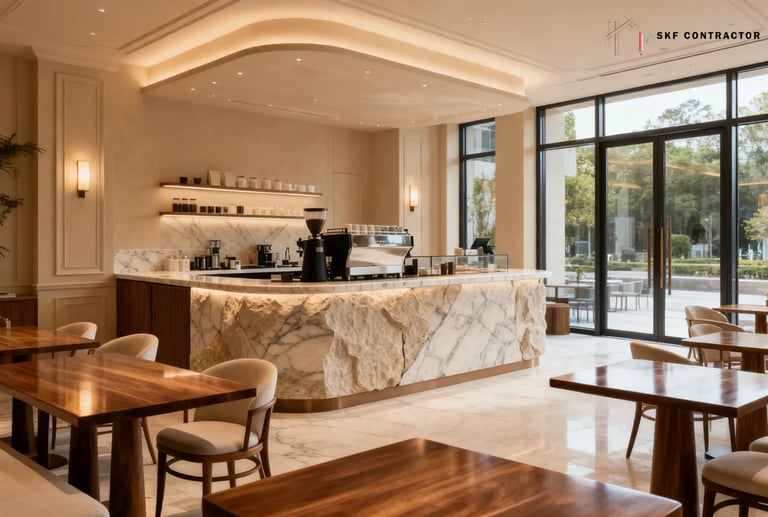 Luxury cafe interior featuring a natural stone marble counter, espresso machine, and wood dining tables.