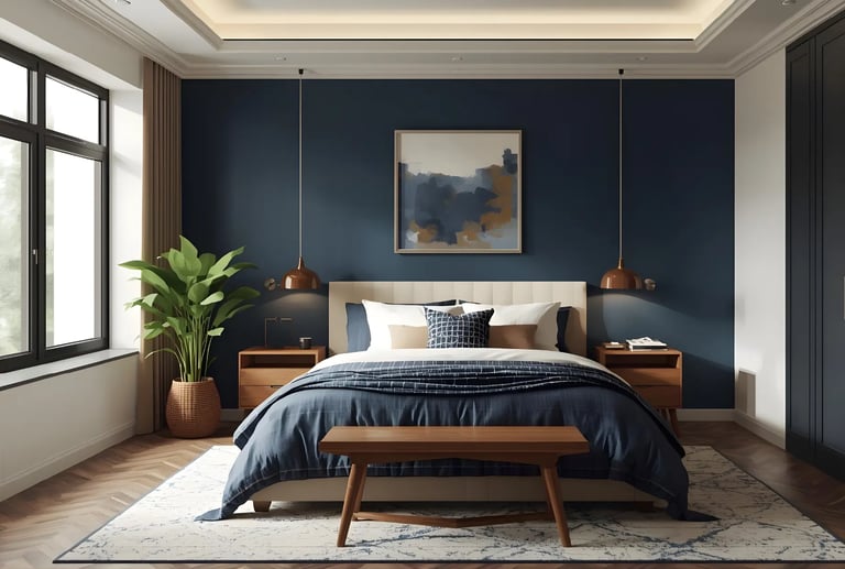 Bedroom colour combination featuring navy blue and warm beige hues