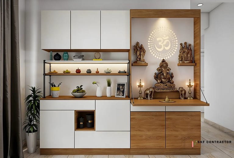 A space-saving puja unit with an attached rack