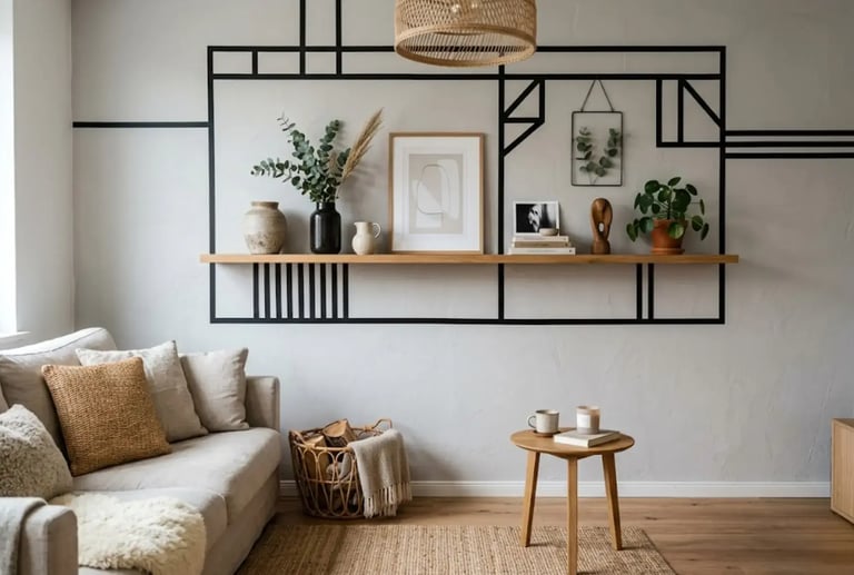 Modern minimalist living room featuring a wooden floating shelf with plants and art against a geometric wall mural.