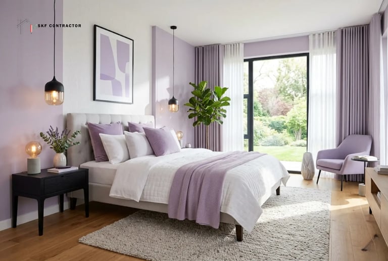 Modern bedroom interior design featuring lavender walls, a tufted headboard, and minimalist pendant lighting.