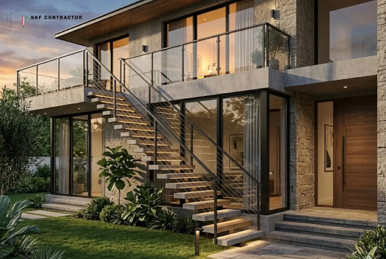 Modern luxury house with a floating concrete staircase, glass railings, and stone exterior at sunset.