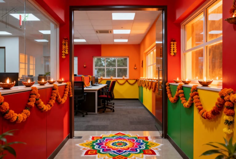 Modern office interior decorated for Navratri with rangoli, marigold garlands, and lit diya lamps.