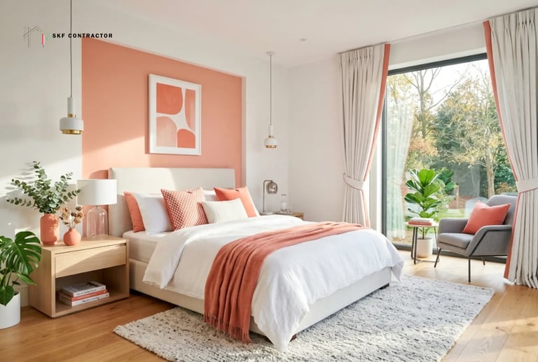 Modern bedroom interior with coral accent wall, white bedding, and large windows for natural light.